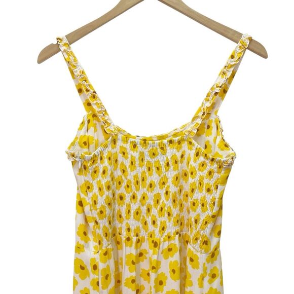 Faithfull the Brand Noemie Dress Size 8 US Yellow Floral Midi Ruffle Hem Smocked - Picture 6 of 14